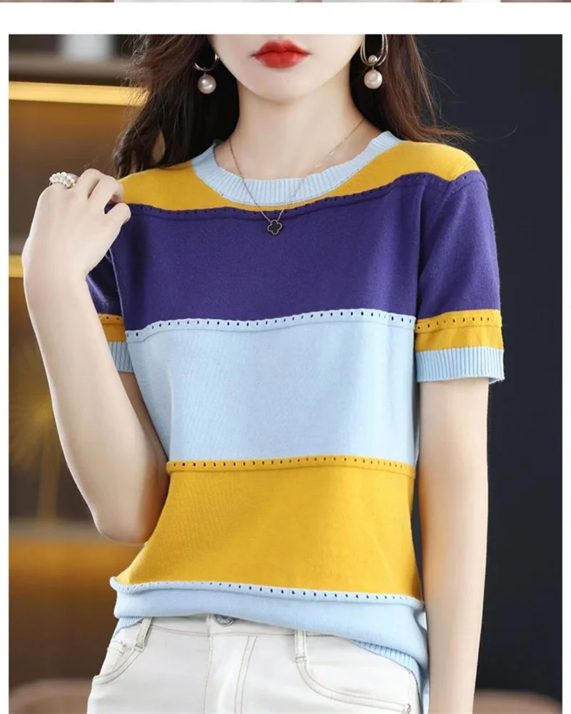 2026 Summer New Ice Silk T-shirt Short-sleeved Stripes Top Women's Round Neck Color Matching Hollow Loose Thin Knitted Sweater