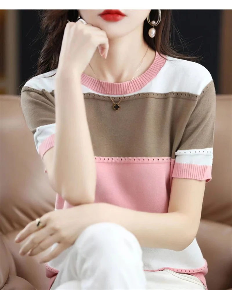 2026 Summer New Ice Silk T-shirt Short-sleeved Stripes Top Women's Round Neck Color Matching Hollow Loose Thin Knitted Sweater