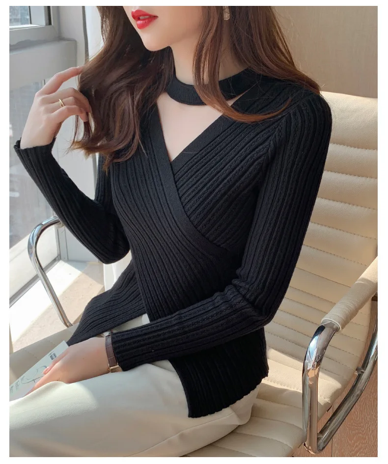 2025 Women Spring Halter Neck Sweater Slim Stretch Sexy Pullovers Long Sleeve Good Quality Women Fashion Sweater Tops