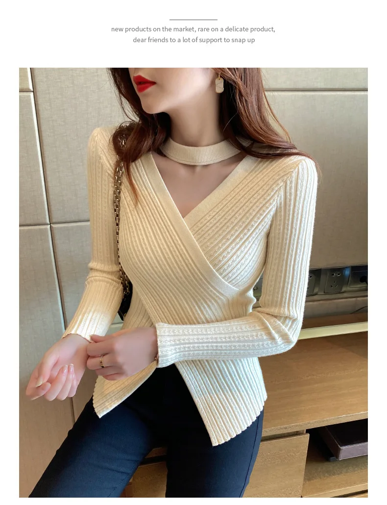 2025 Women Spring Halter Neck Sweater Slim Stretch Sexy Pullovers Long Sleeve Good Quality Women Fashion Sweater Tops