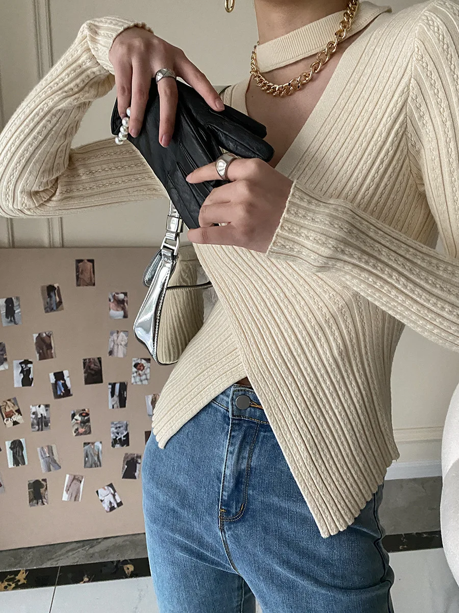 2025 Women Spring Halter Neck Sweater Slim Stretch Sexy Pullovers Long Sleeve Good Quality Women Fashion Sweater Tops