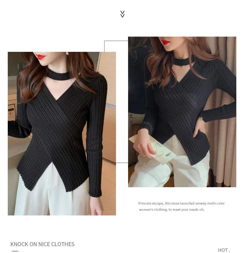 2025 Women Spring Halter Neck Sweater Slim Stretch Sexy Pullovers Long Sleeve Good Quality Women Fashion Sweater Tops