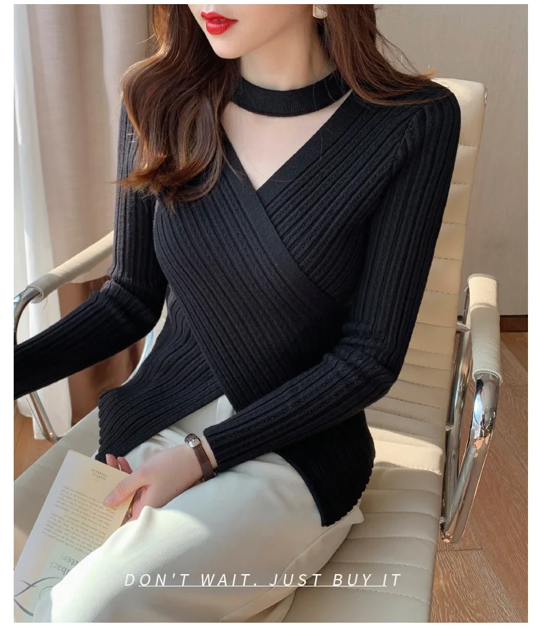 2025 Women Spring Halter Neck Sweater Slim Stretch Sexy Pullovers Long Sleeve Good Quality Women Fashion Sweater Tops