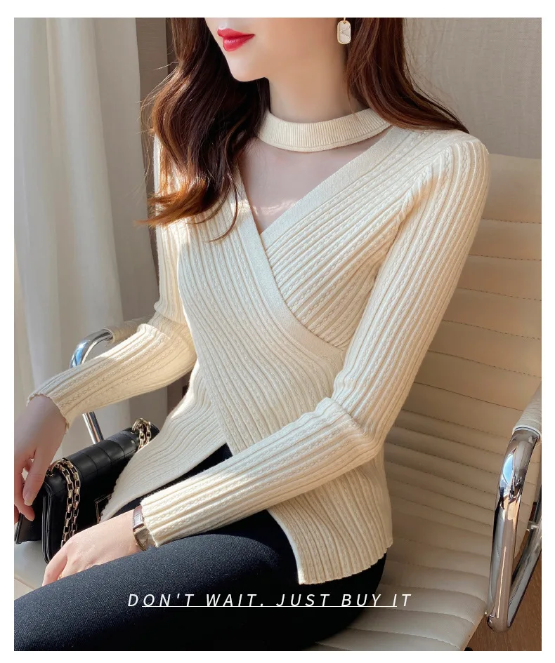 2025 Women Spring Halter Neck Sweater Slim Stretch Sexy Pullovers Long Sleeve Good Quality Women Fashion Sweater Tops