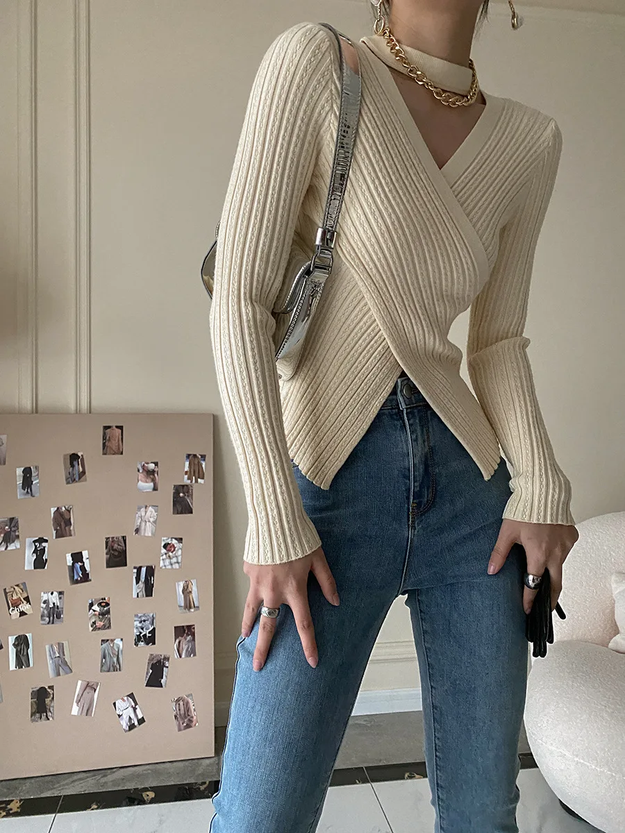 2025 Women Spring Halter Neck Sweater Slim Stretch Sexy Pullovers Long Sleeve Good Quality Women Fashion Sweater Tops