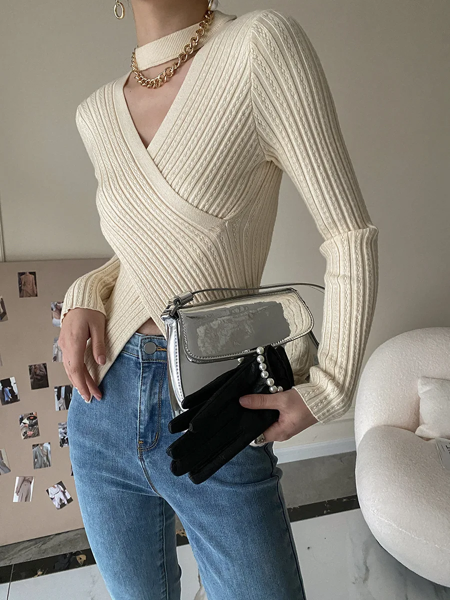 2025 Women Spring Halter Neck Sweater Slim Stretch Sexy Pullovers Long Sleeve Good Quality Women Fashion Sweater Tops