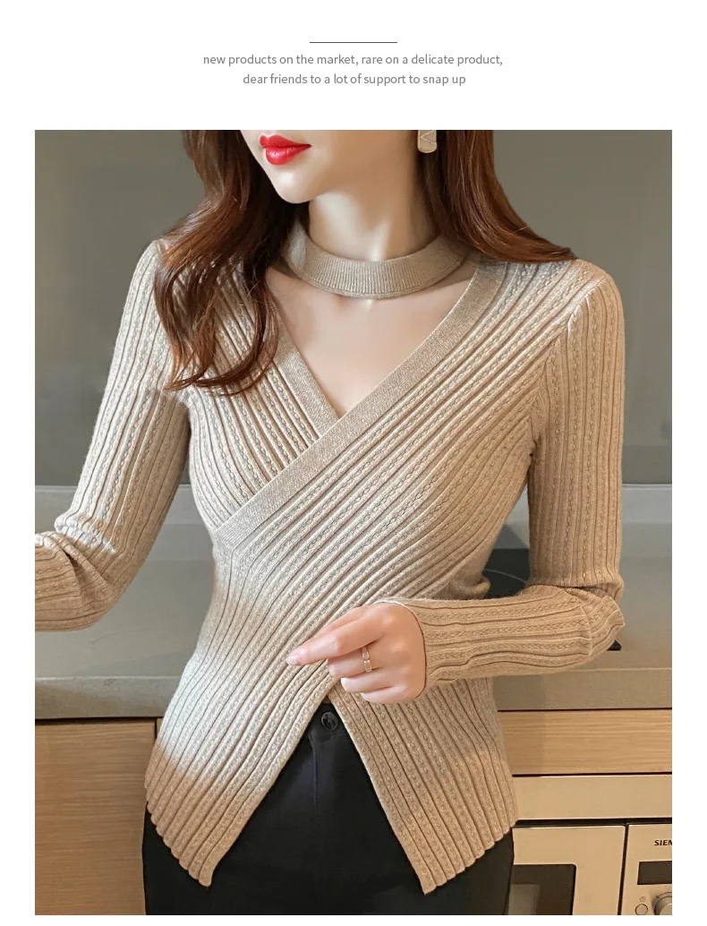 2025 Women Spring Halter Neck Sweater Slim Stretch Sexy Pullovers Long Sleeve Good Quality Women Fashion Sweater Tops