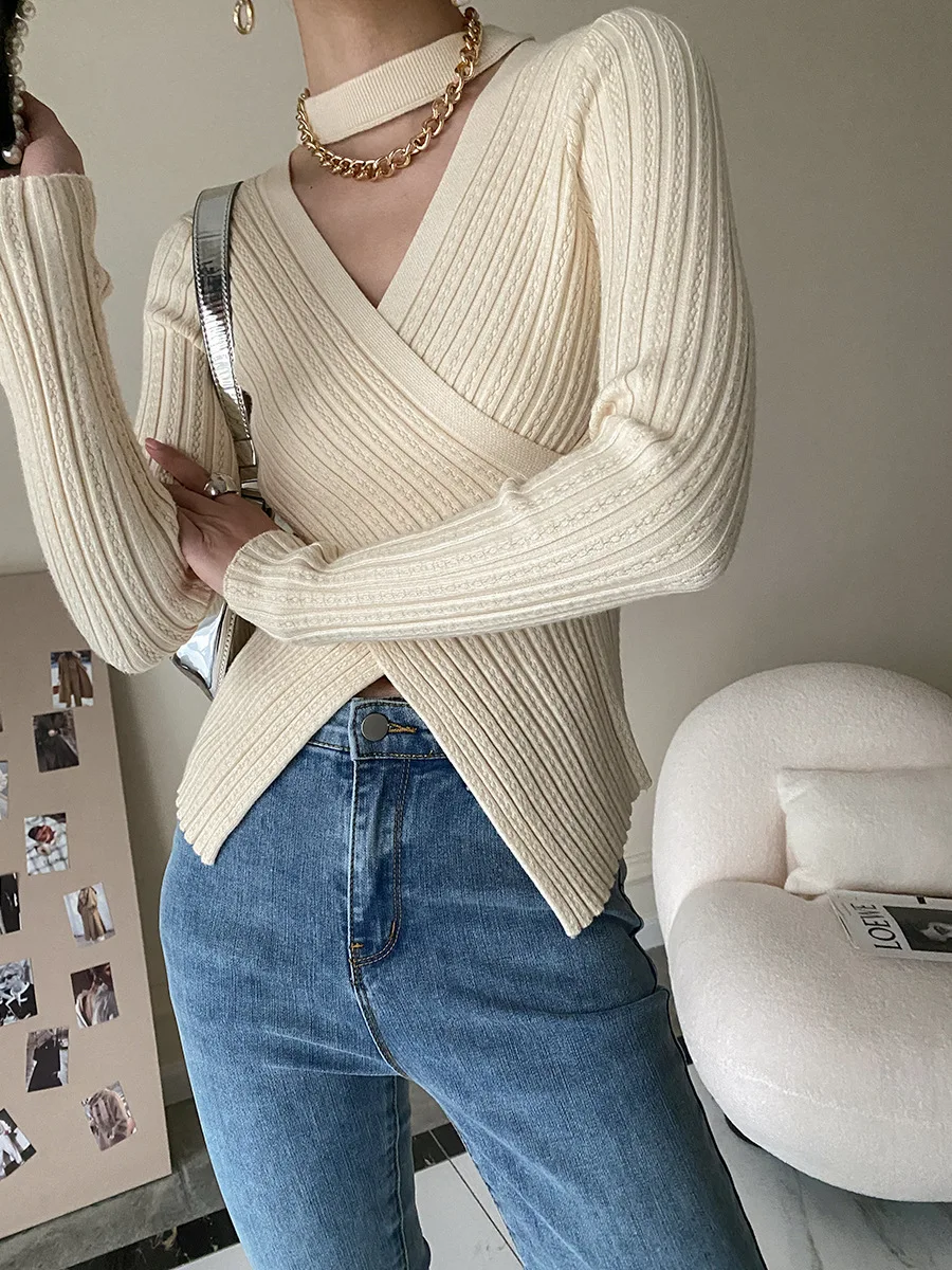 2025 Women Spring Halter Neck Sweater Slim Stretch Sexy Pullovers Long Sleeve Good Quality Women Fashion Sweater Tops