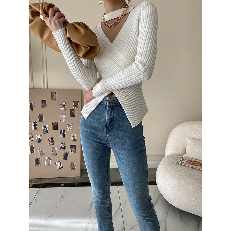 2025 Women Spring Halter Neck Sweater Slim Stretch Sexy Pullovers Long Sleeve Good Quality Women Fashion Sweater Tops