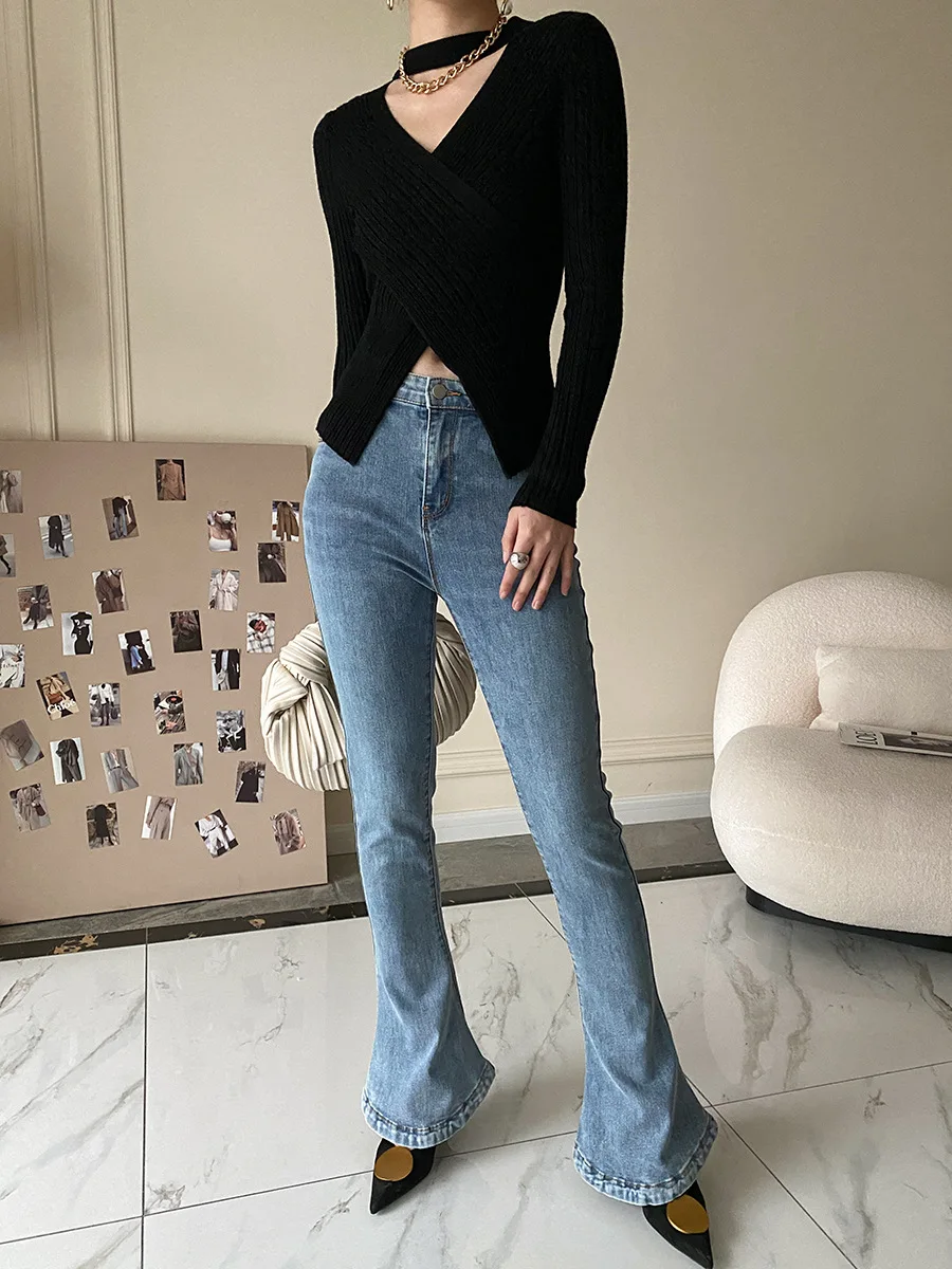 2025 Women Spring Halter Neck Sweater Slim Stretch Sexy Pullovers Long Sleeve Good Quality Women Fashion Sweater Tops