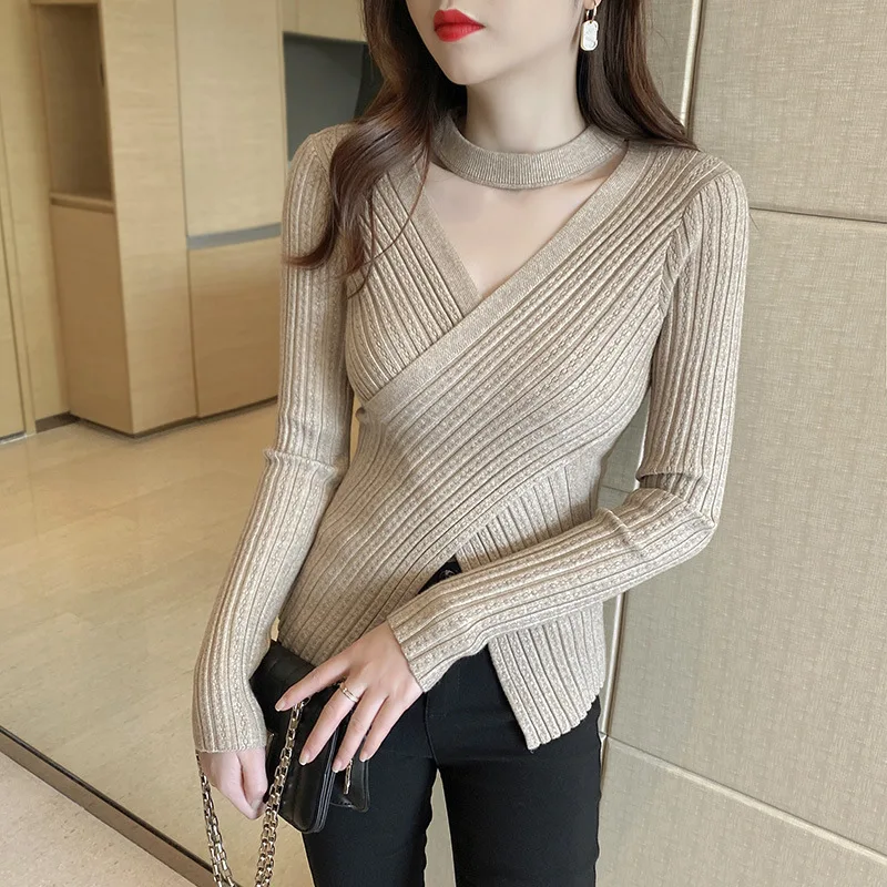 2025 Women Spring Halter Neck Sweater Slim Stretch Sexy Pullovers Long Sleeve Good Quality Women Fashion Sweater Tops
