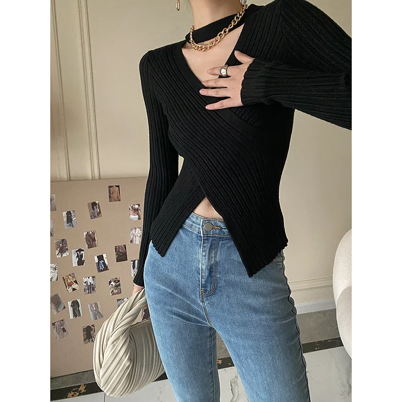 2025 Women Spring Halter Neck Sweater Slim Stretch Sexy Pullovers Long Sleeve Good Quality Women Fashion Sweater Tops