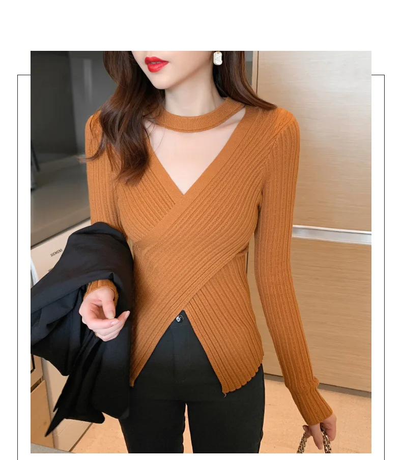 2025 Women Spring Halter Neck Sweater Slim Stretch Sexy Pullovers Long Sleeve Good Quality Women Fashion Sweater Tops