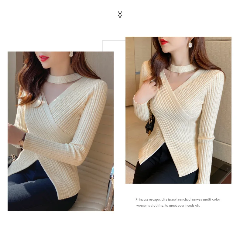 2025 Women Spring Halter Neck Sweater Slim Stretch Sexy Pullovers Long Sleeve Good Quality Women Fashion Sweater Tops