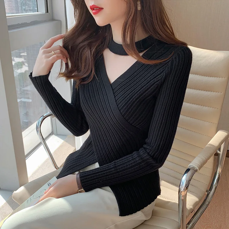 2025 Women Spring Halter Neck Sweater Slim Stretch Sexy Pullovers Long Sleeve Good Quality Women Fashion Sweater Tops