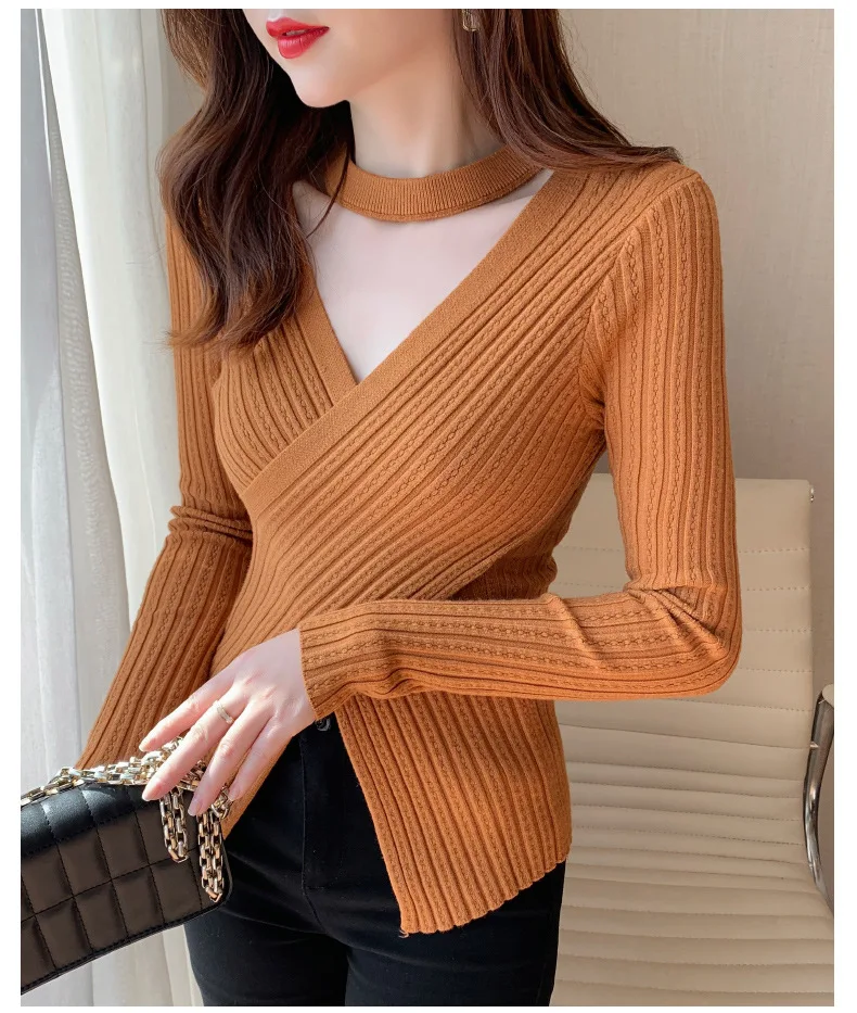 2025 Women Spring Halter Neck Sweater Slim Stretch Sexy Pullovers Long Sleeve Good Quality Women Fashion Sweater Tops