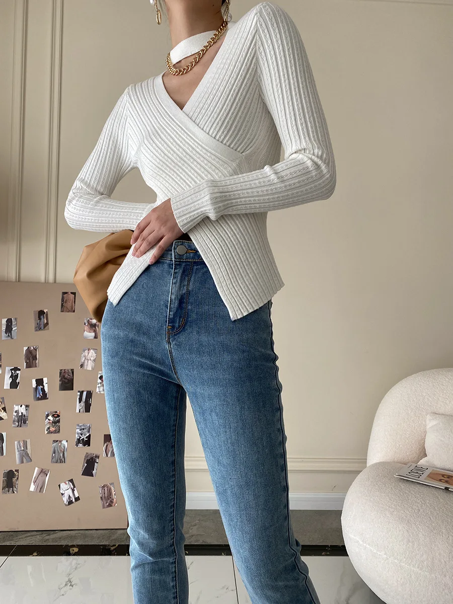 2025 Women Spring Halter Neck Sweater Slim Stretch Sexy Pullovers Long Sleeve Good Quality Women Fashion Sweater Tops