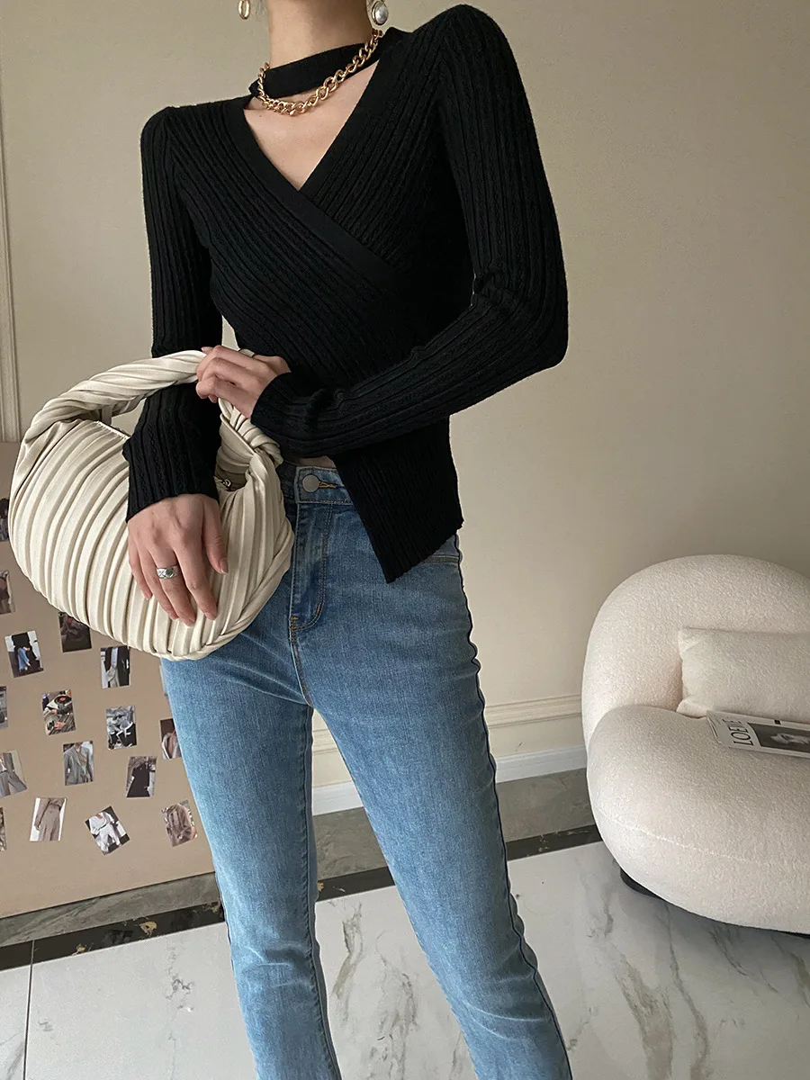 2025 Women Spring Halter Neck Sweater Slim Stretch Sexy Pullovers Long Sleeve Good Quality Women Fashion Sweater Tops