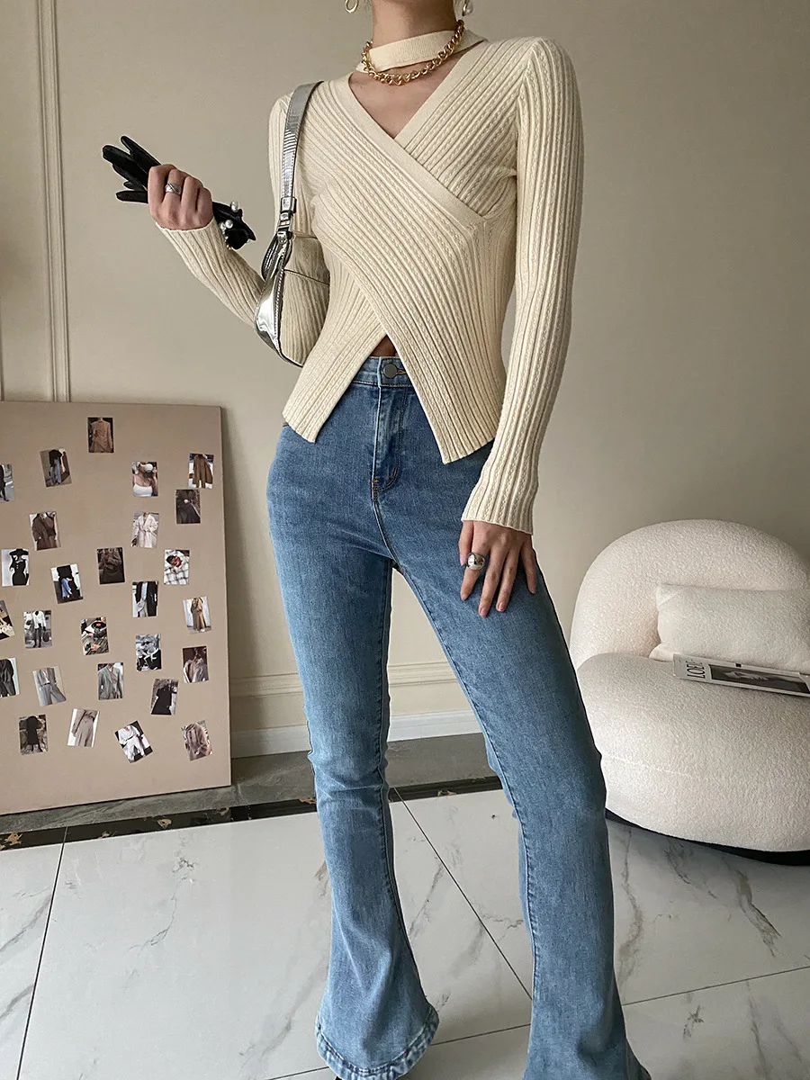 2025 Women Spring Halter Neck Sweater Slim Stretch Sexy Pullovers Long Sleeve Good Quality Women Fashion Sweater Tops