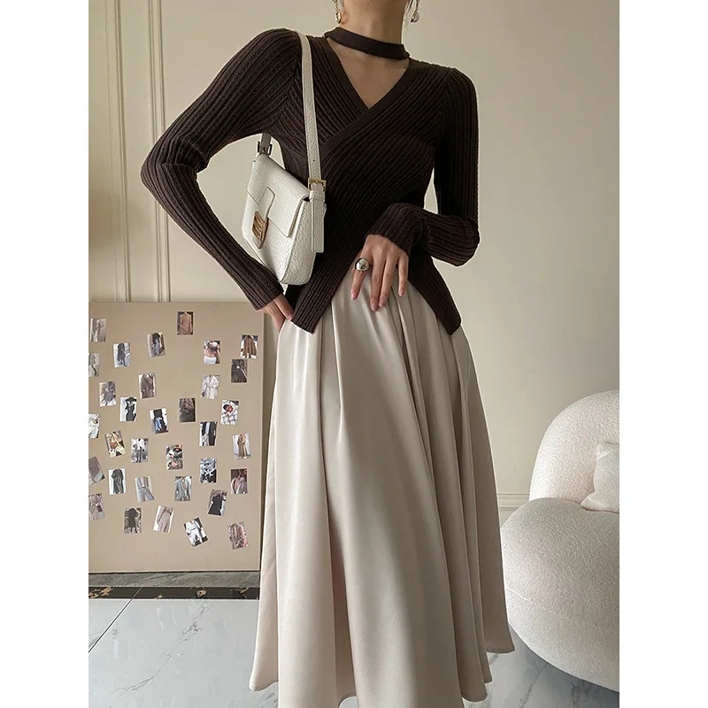 2025 Women Spring Halter Neck Sweater Slim Stretch Sexy Pullovers Long Sleeve Good Quality Women Fashion Sweater Tops