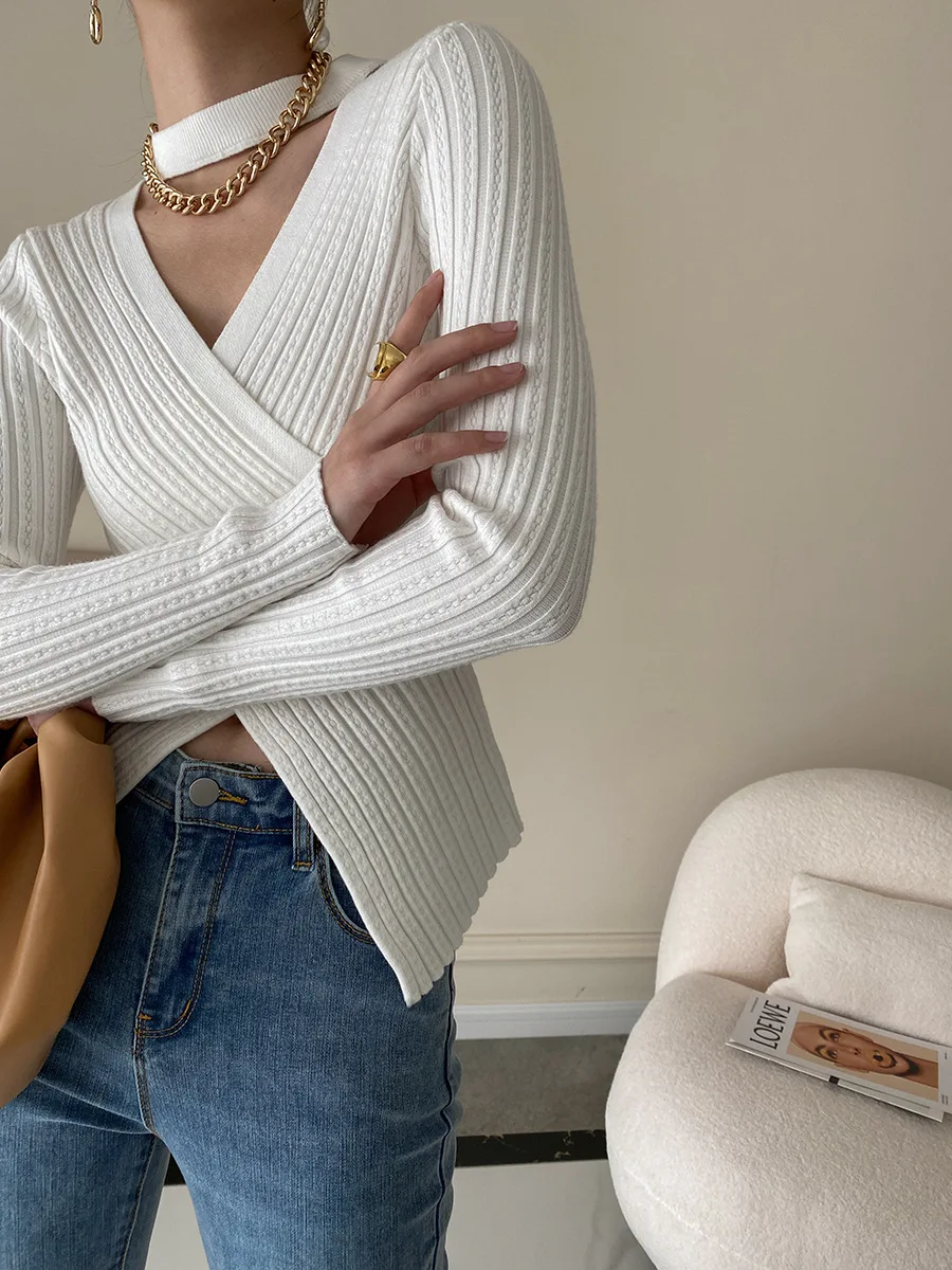 2025 Women Spring Halter Neck Sweater Slim Stretch Sexy Pullovers Long Sleeve Good Quality Women Fashion Sweater Tops
