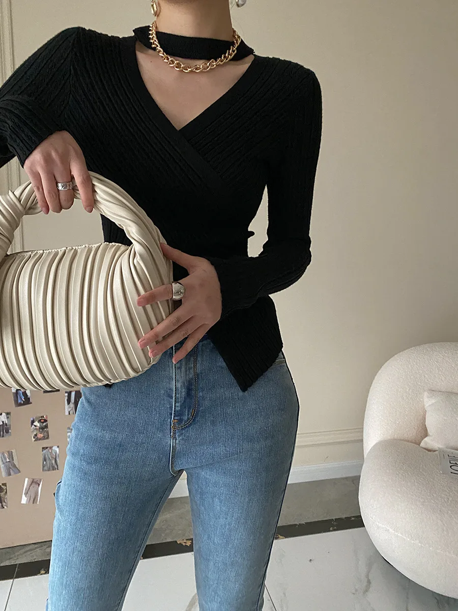 2025 Women Spring Halter Neck Sweater Slim Stretch Sexy Pullovers Long Sleeve Good Quality Women Fashion Sweater Tops
