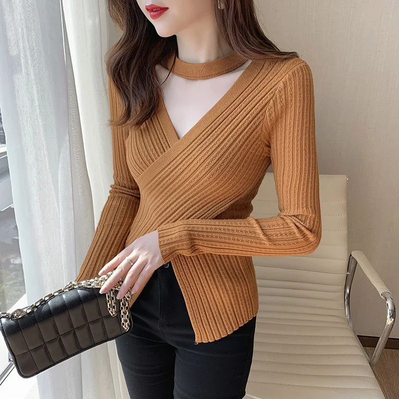 2025 Women Spring Halter Neck Sweater Slim Stretch Sexy Pullovers Long Sleeve Good Quality Women Fashion Sweater Tops