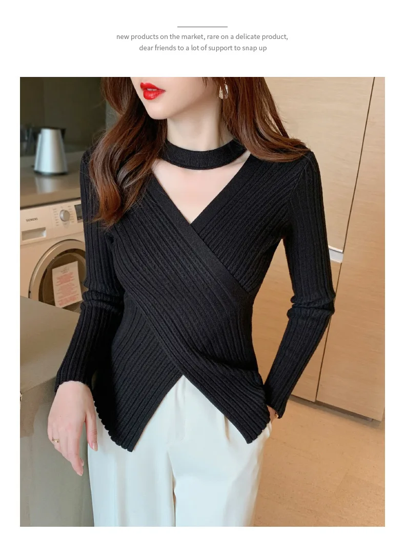 2025 Women Spring Halter Neck Sweater Slim Stretch Sexy Pullovers Long Sleeve Good Quality Women Fashion Sweater Tops