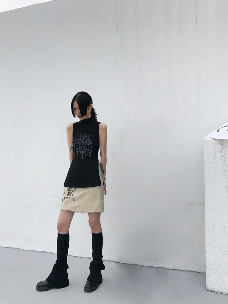 Karrcat Yamamoto Style Black Tank Top Grunge Gothic Turtleneck Tops Cyber Y2k Chic Designer Clothes Dark Aesthetic Streetwear