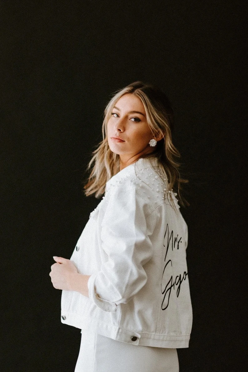 Pearl Detailing Custom Denim Jacket Custom Bride Jean Jacket Mrs White Engagement PERSONALIZED Name Rose Gold Outwear Women Coat