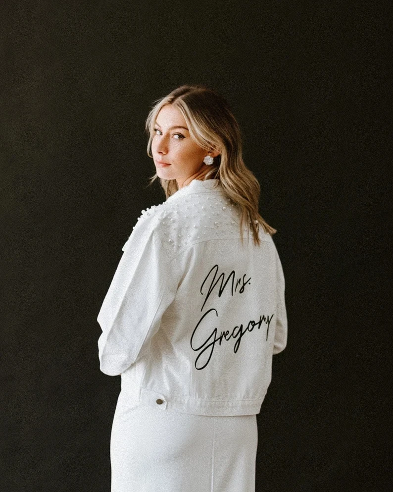 Pearl Detailing Custom Denim Jacket Custom Bride Jean Jacket Mrs White Engagement PERSONALIZED Name Rose Gold Outwear Women Coat