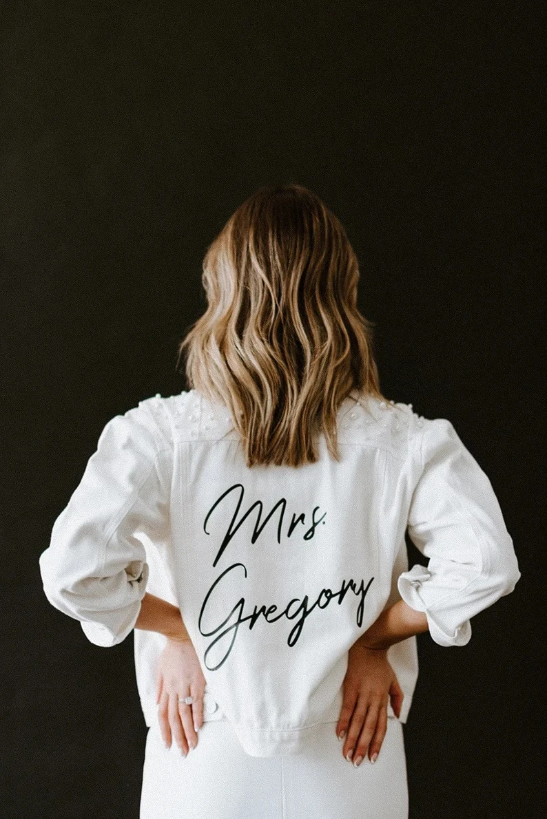 Pearl Detailing Custom Denim Jacket Custom Bride Jean Jacket Mrs White Engagement PERSONALIZED Name Rose Gold Outwear Women Coat
