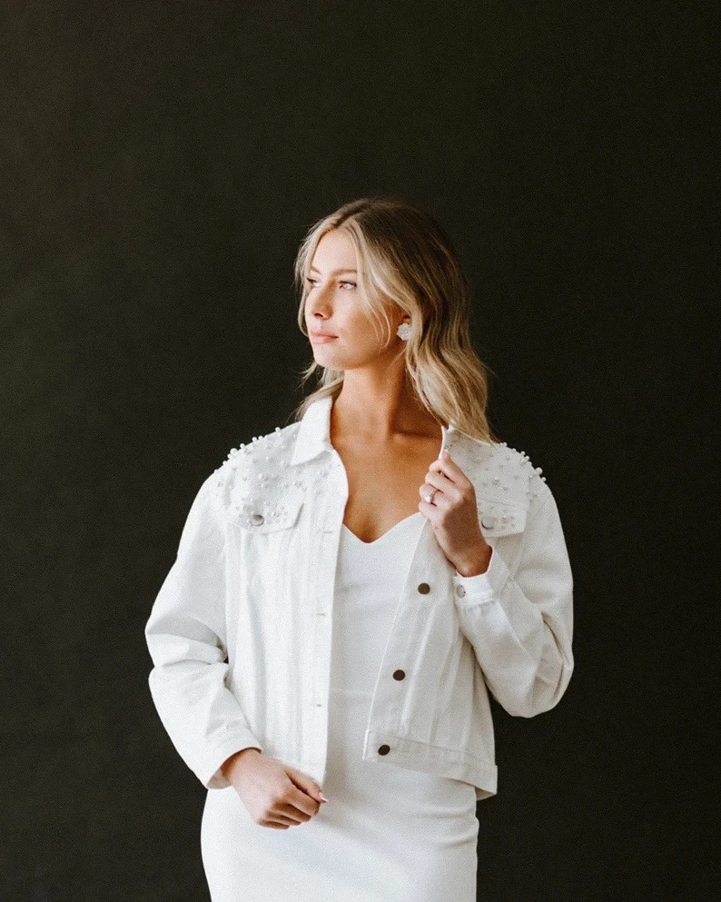 Pearl Detailing Custom Denim Jacket Custom Bride Jean Jacket Mrs White Engagement PERSONALIZED Name Rose Gold Outwear Women Coat