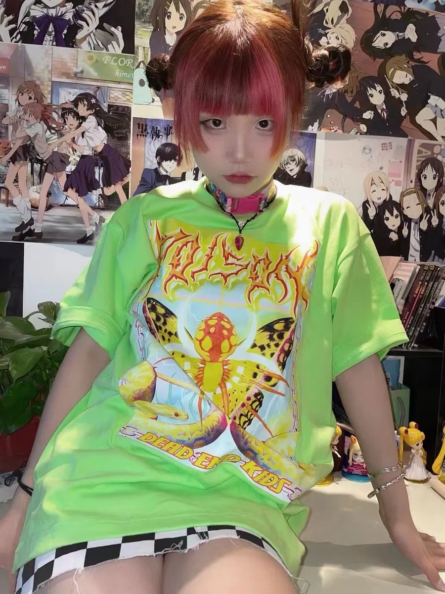 Karrcat Y2k Aesthetics T-shirt 2000s Harajuku E-girls Short Sleeve Tshirt Metal Cyber Chic Tops Punk Style Mall Goth Alt Clothes