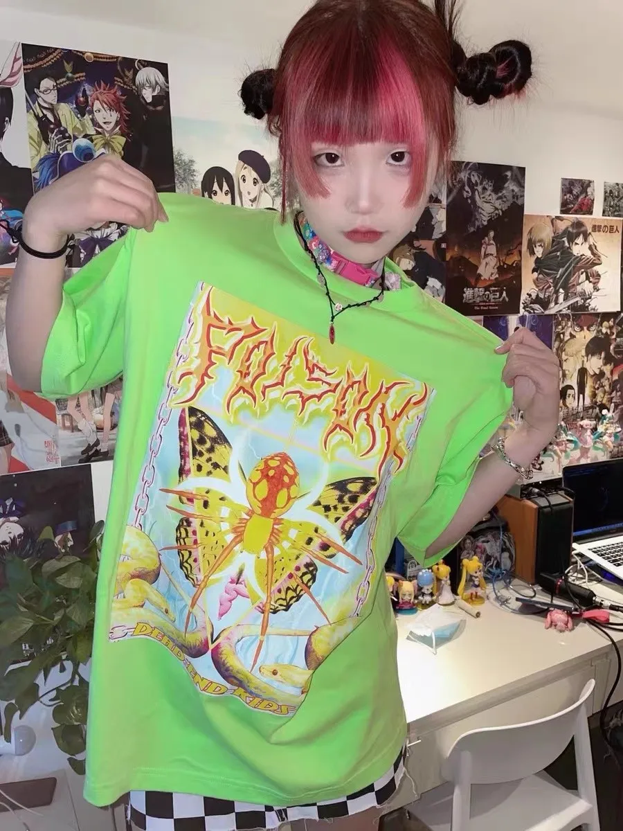 Karrcat Y2k Aesthetics T-shirt 2000s Harajuku E-girls Short Sleeve Tshirt Metal Cyber Chic Tops Punk Style Mall Goth Alt Clothes
