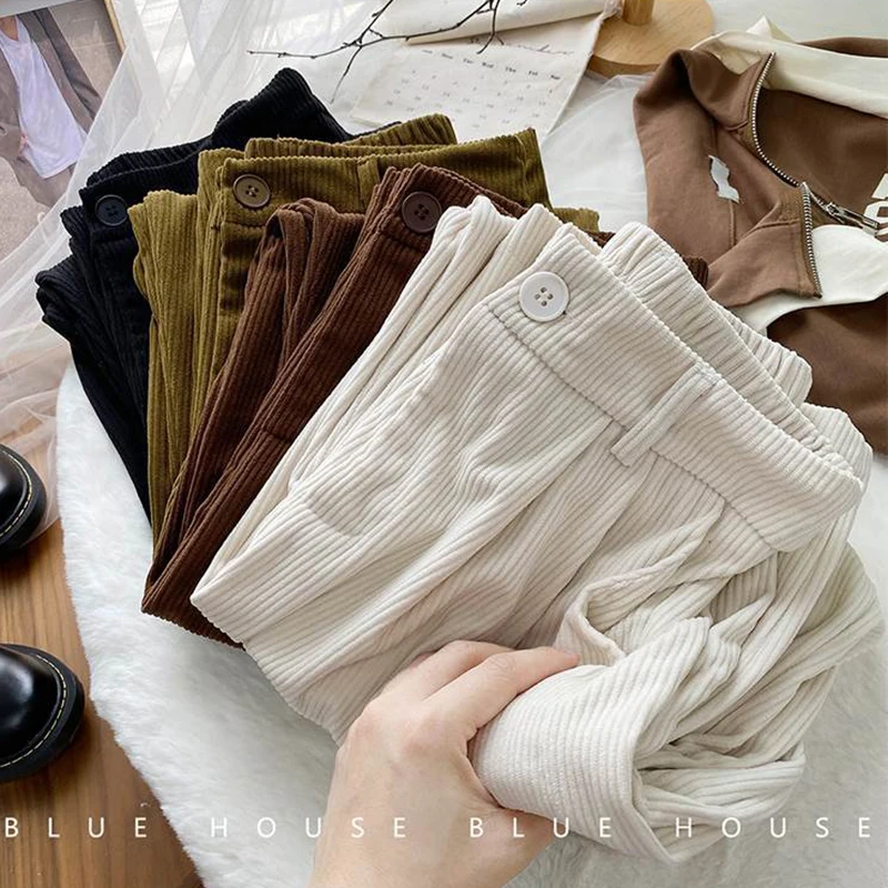 ZOKI High Waist Women Retro Corduroy Pants Fall Straight Causal Full Length Trousers Vintage Coffee Pockets All Match Pants New
