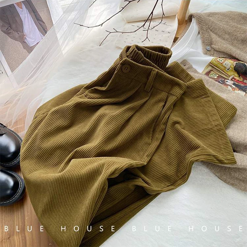 ZOKI High Waist Women Retro Corduroy Pants Fall Straight Causal Full Length Trousers Vintage Coffee Pockets All Match Pants New