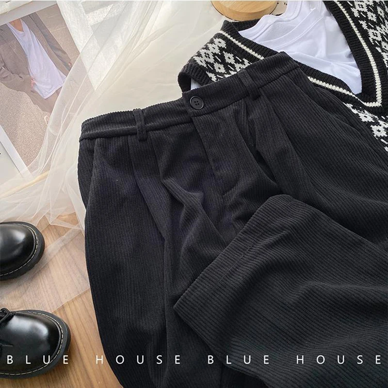 ZOKI High Waist Women Retro Corduroy Pants Fall Straight Causal Full Length Trousers Vintage Coffee Pockets All Match Pants New