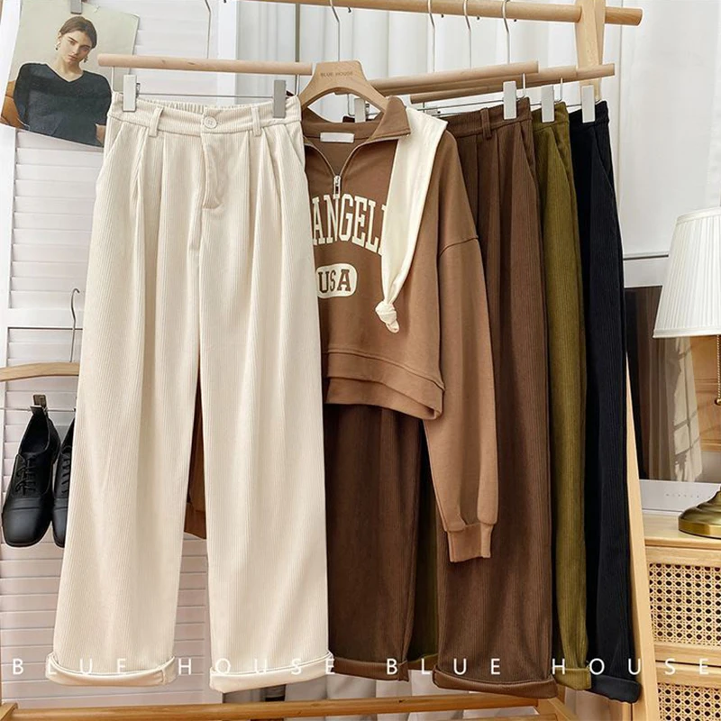 ZOKI High Waist Women Retro Corduroy Pants Fall Straight Causal Full Length Trousers Vintage Coffee Pockets All Match Pants New