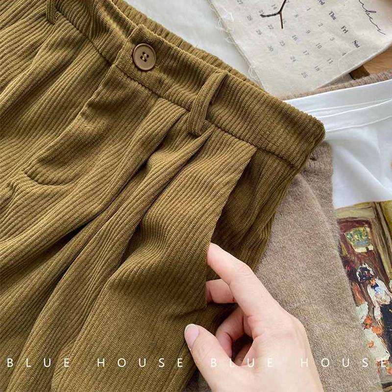 ZOKI High Waist Women Retro Corduroy Pants Fall Straight Causal Full Length Trousers Vintage Coffee Pockets All Match Pants New