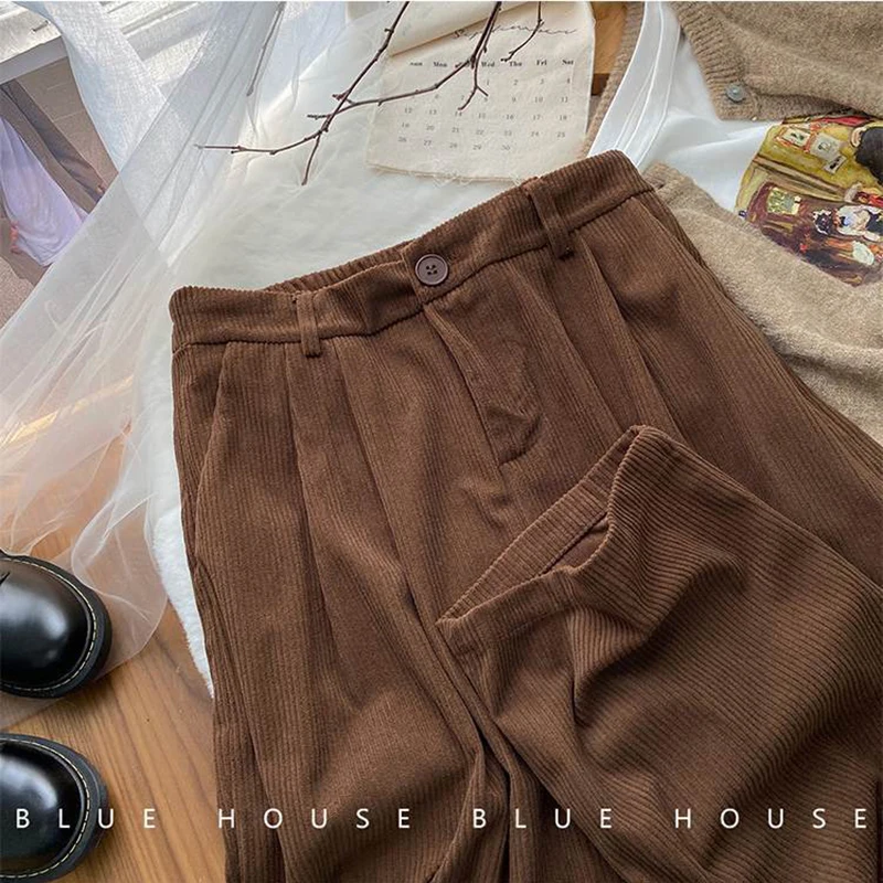 ZOKI High Waist Women Retro Corduroy Pants Fall Straight Causal Full Length Trousers Vintage Coffee Pockets All Match Pants New