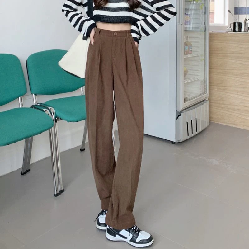 ZOKI High Waist Women Retro Corduroy Pants Fall Straight Causal Full Length Trousers Vintage Coffee Pockets All Match Pants New