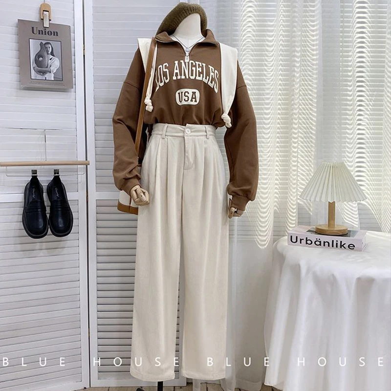 ZOKI High Waist Women Retro Corduroy Pants Fall Straight Causal Full Length Trousers Vintage Coffee Pockets All Match Pants New