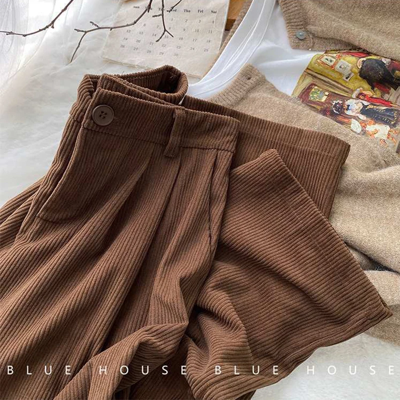 ZOKI High Waist Women Retro Corduroy Pants Fall Straight Causal Full Length Trousers Vintage Coffee Pockets All Match Pants New