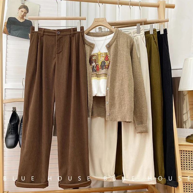 ZOKI High Waist Women Retro Corduroy Pants Fall Straight Causal Full Length Trousers Vintage Coffee Pockets All Match Pants New