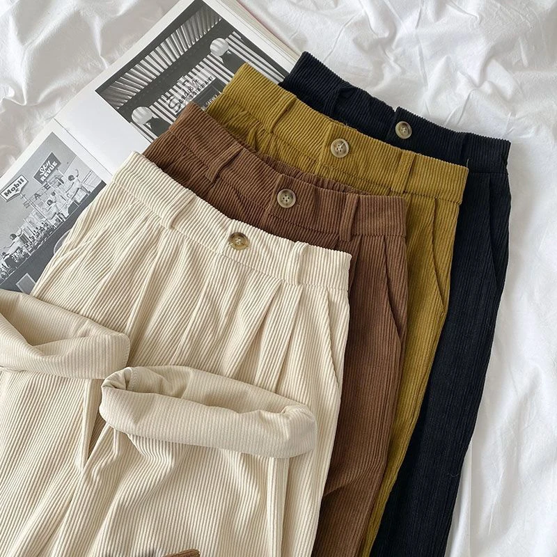 ZOKI High Waist Women Retro Corduroy Pants Fall Straight Causal Full Length Trousers Vintage Coffee Pockets All Match Pants New