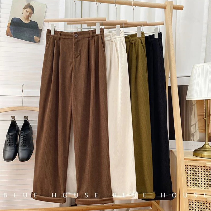ZOKI High Waist Women Retro Corduroy Pants Fall Straight Causal Full Length Trousers Vintage Coffee Pockets All Match Pants New