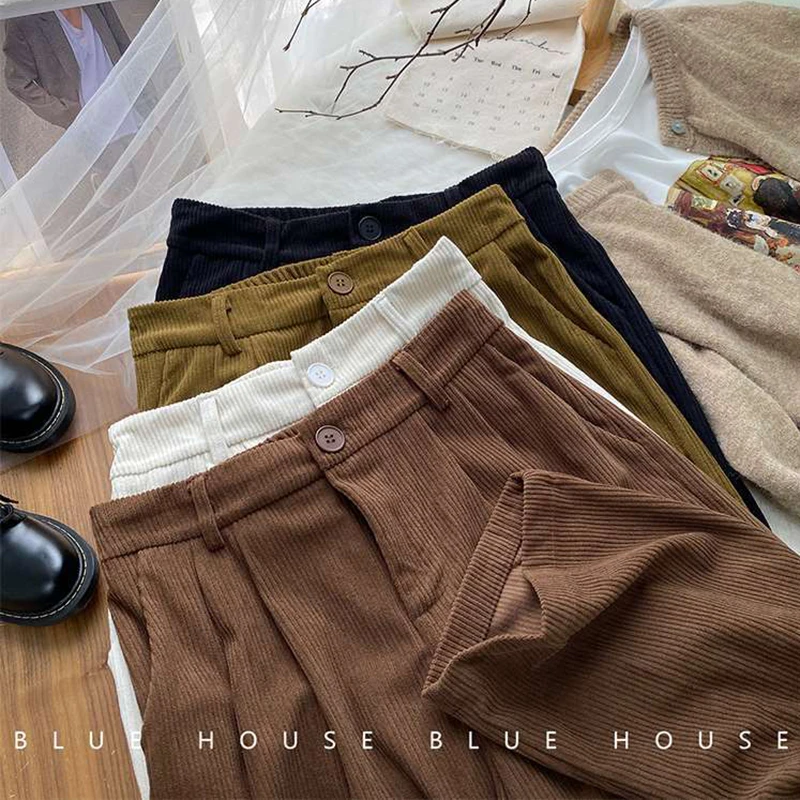 ZOKI High Waist Women Retro Corduroy Pants Fall Straight Causal Full Length Trousers Vintage Coffee Pockets All Match Pants New
