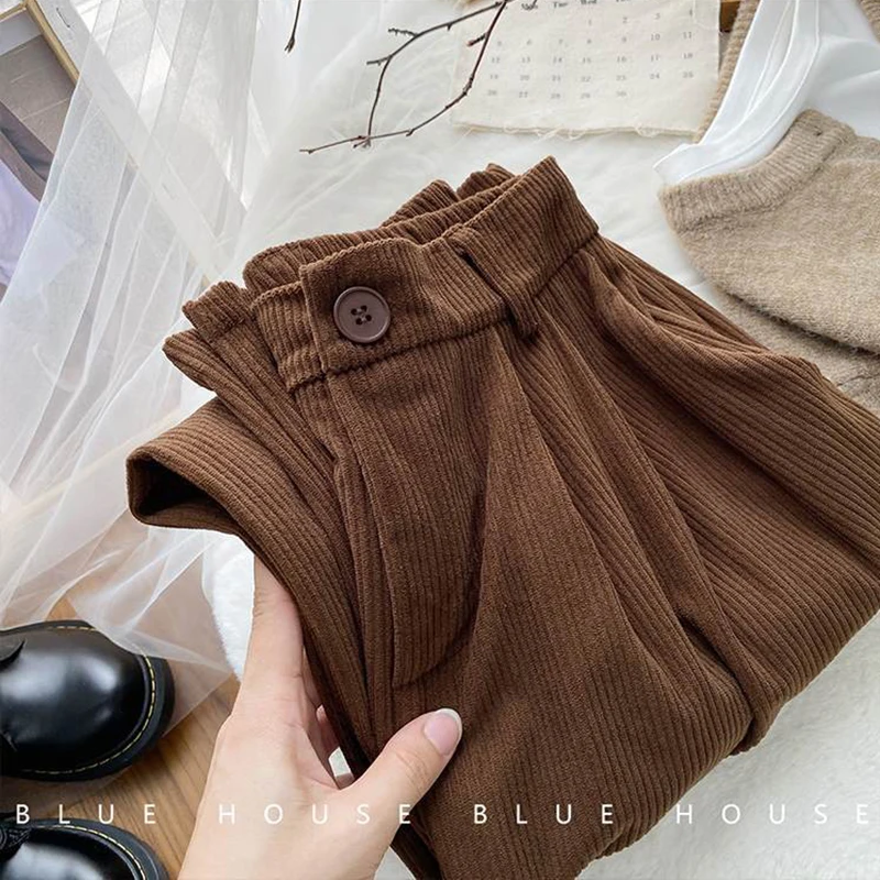 ZOKI High Waist Women Retro Corduroy Pants Fall Straight Causal Full Length Trousers Vintage Coffee Pockets All Match Pants New