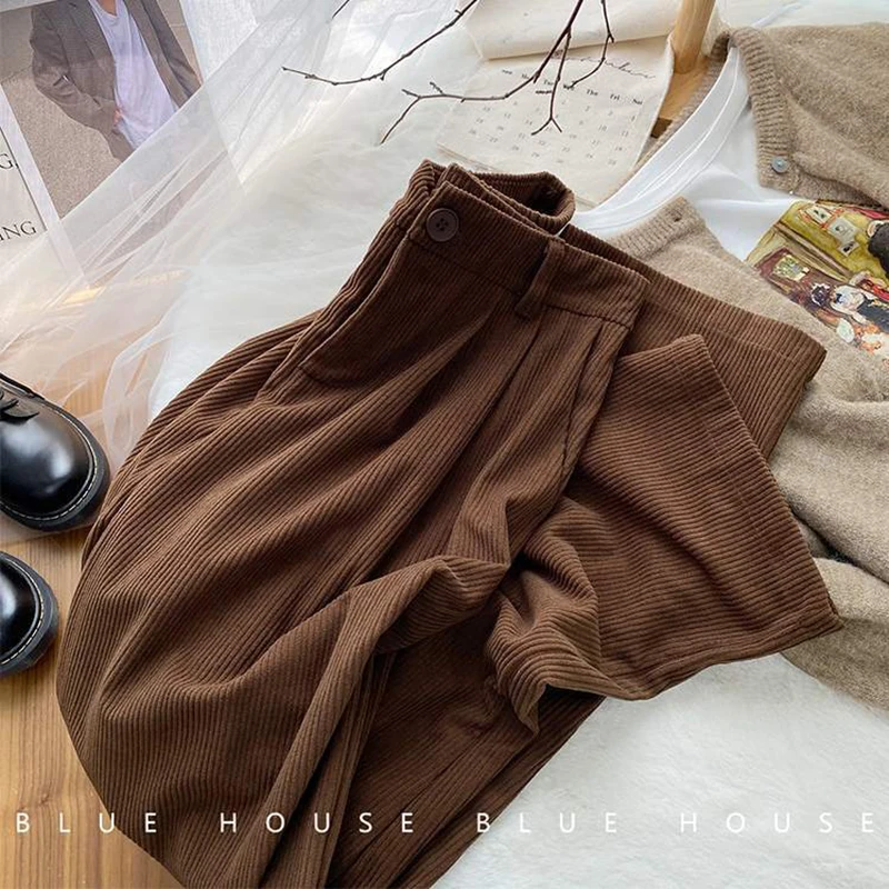 ZOKI High Waist Women Retro Corduroy Pants Fall Straight Causal Full Length Trousers Vintage Coffee Pockets All Match Pants New